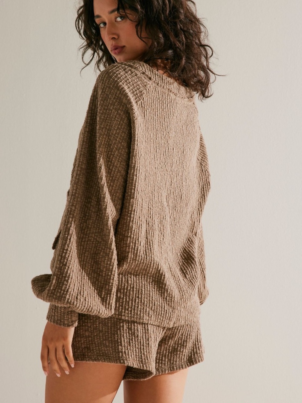 Free People Taupe Waffle Knit Button Cardigan & Shorts Set - Picture 2 of 8